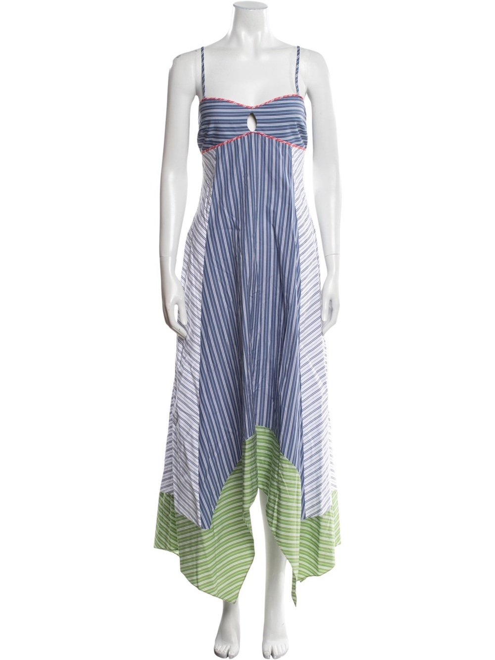 Tanya Taylor Blue, White & Green Striped Handkerchief-Hem Dress